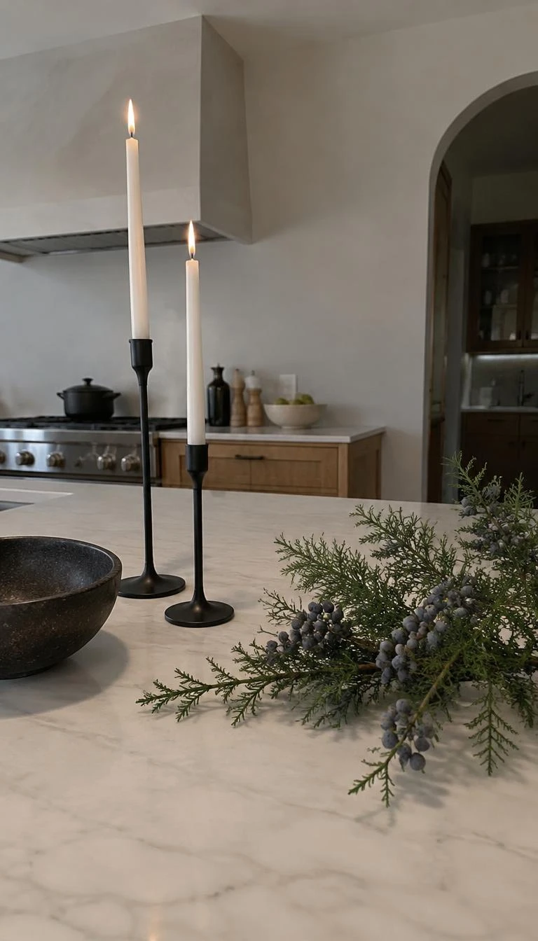 Combine Matte Black Candlesticks With Wild Juniper A candid, realistic iPhone photograph of a kitchen island counter, slender matte black candle holders paired with a simple sprig of fresh wild juniper berries, clean modern kitchen background