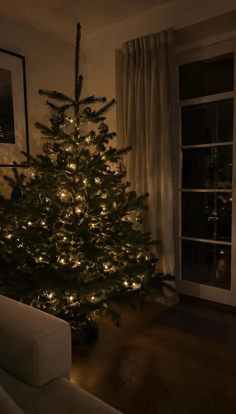 Pair Smoked Glass Ornaments With Warm Amber Lighting A candid, realistic iPhone photograph of an understated evergreen Christmas tree, smoked charcoal glass baubles catching soft amber fairy lights, warm evening atmosphere, moody shadows, minimalist living room setting