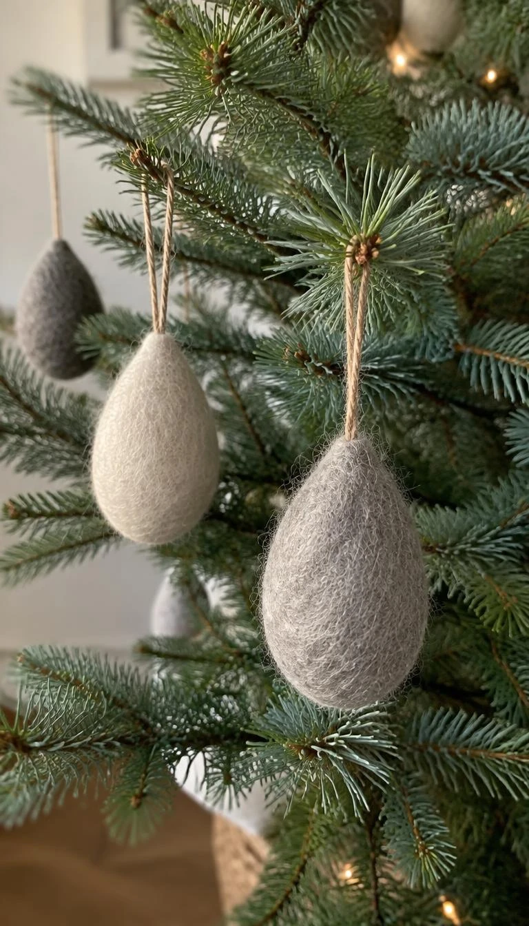 Swap Glossy Baubles for Hand Spun Wool Drops A candid, realistic iPhone photograph of close up pine tree branches, soft felted wool drop ornaments in oatmeal and stone grey hanging from raw twine, warm daylight, gentle focus