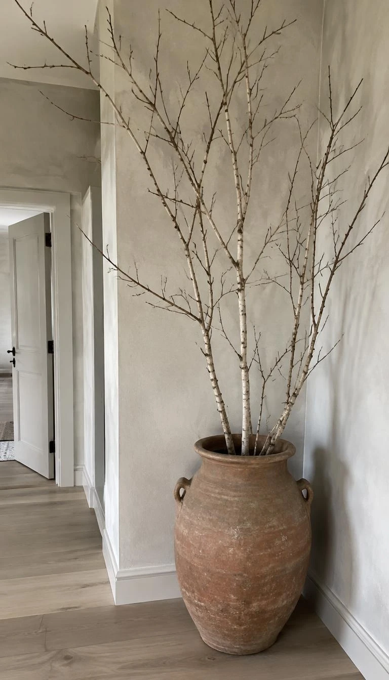 Place Bare Birch Branches in Heavy Terracotta Urns A candid, realistic iPhone photograph of a bright hallway corner, tall bare silver birch branches arranged inside a weathered raw terracotta urn on the floor, soft natural side lighting, limewash walls