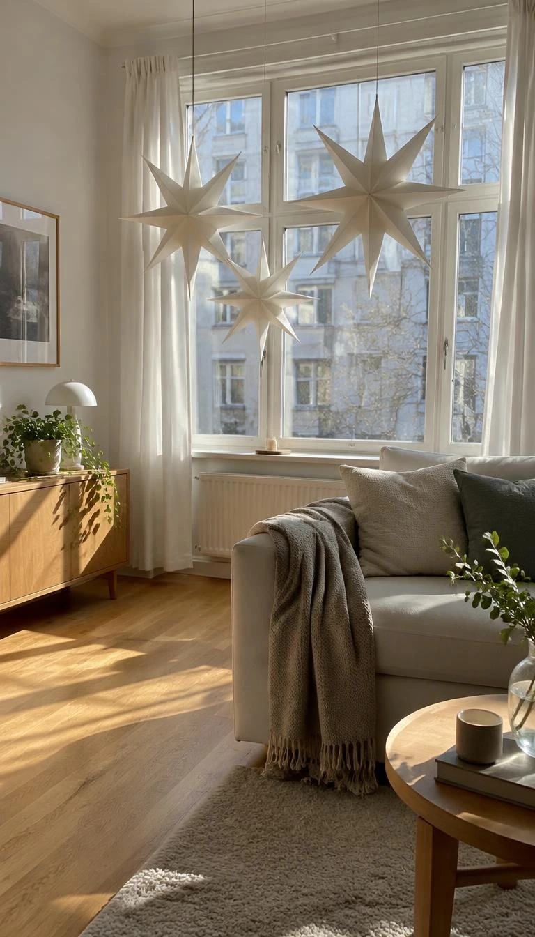 Hang Oversized Paper Stars in Clustered Heights A candid, realistic iPhone photograph of a bright Scandinavian living room, three large off white three dimensional paper stars hanging at staggered heights in front of a tall window, natural morning sunlight, warm oak flooring below