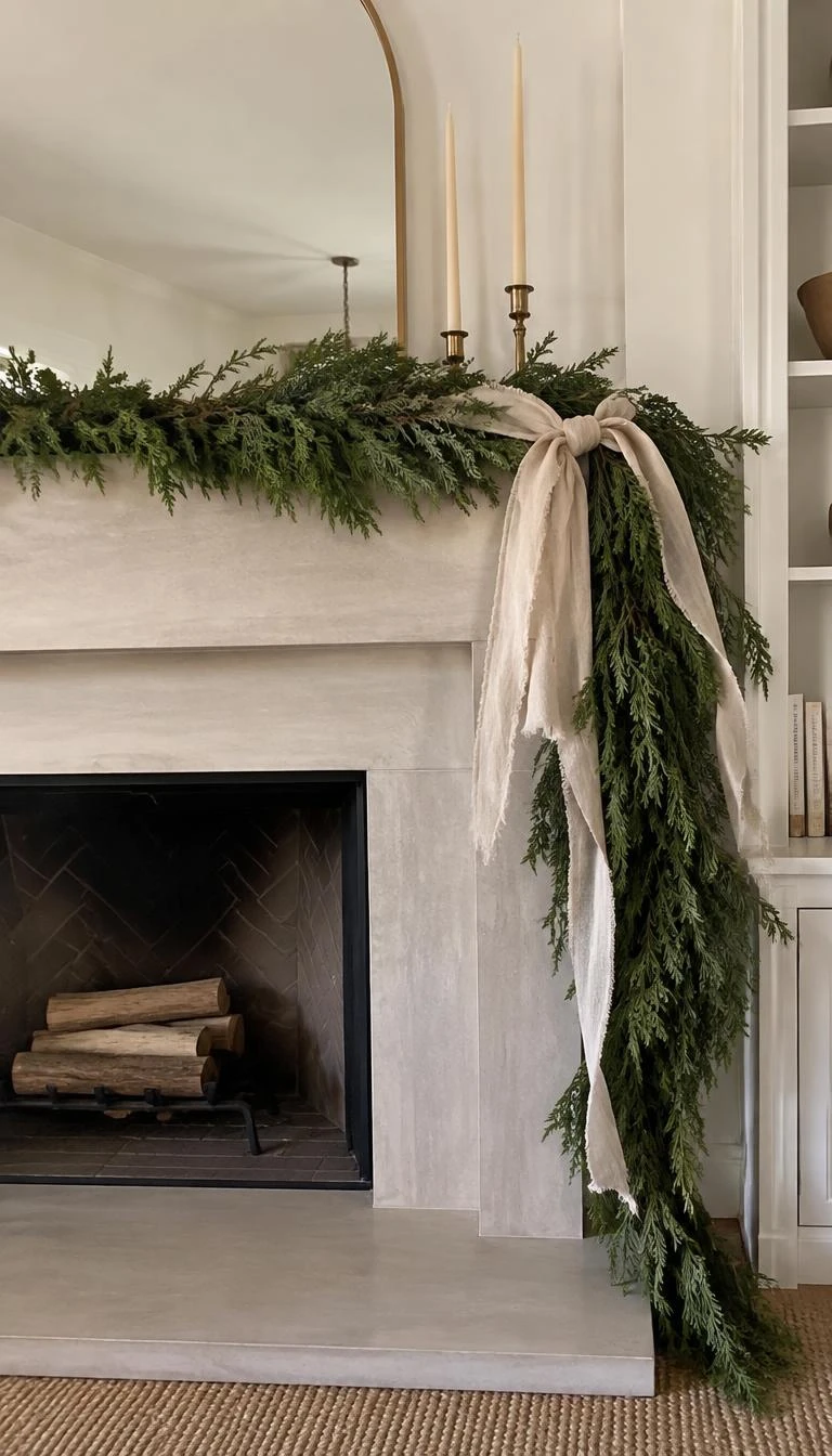 Drape Raw Linen Ribbon Across Asymmetrical Cedar Garlands A candid, realistic iPhone photograph of a minimalist fireplace mantel, thick asymmetrical fresh cedar garland pooling on one side of the hearth, wide frayed oatmeal linen ribbon knotted loosely, natural daylight, soft shadows