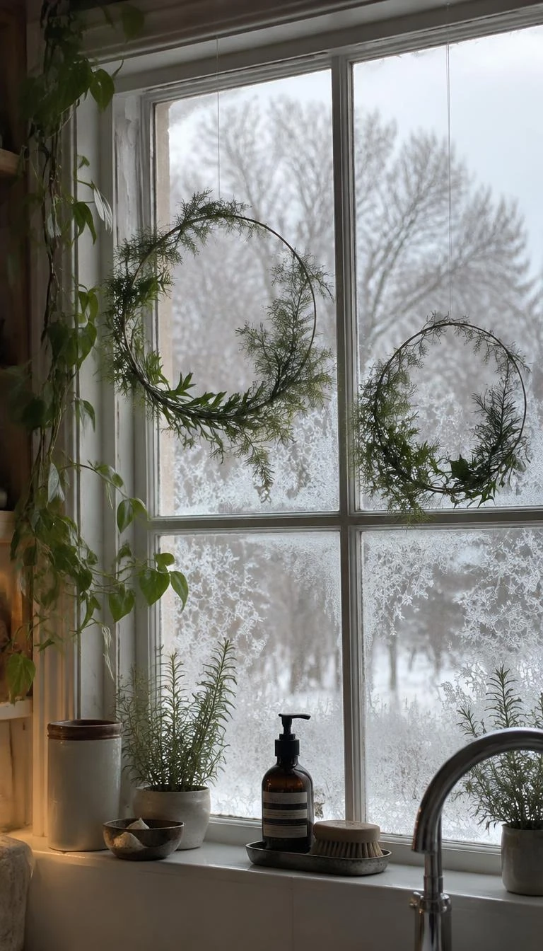 Float Miniature Botanical Wreaths Against Frosted Panes A candid, realistic iPhone photograph of a kitchen window with light frost, two delicate six inch wire hoops wrapped in delicate asparagus fern and rosemary hanging by clear filament, soft grey daylight