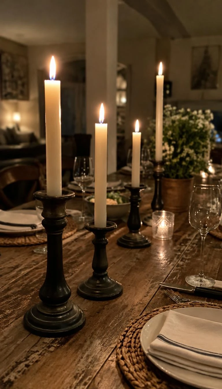Arrange Taper Candles in Varied Cast Iron Holders A candid, realistic iPhone photograph of a long rustic wooden dining table, black cast iron candle holders of differing heights with ivory beeswax tapers, soft ambient dinner glow, blurred background
