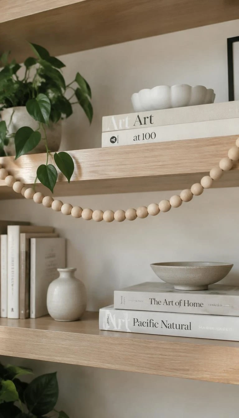 Suspend Minimalist Wooden Bead Garlands Along Shelves A candid, realistic iPhone photograph of floating oak bookshelves, a single strand of raw unfinished birch wood beads draped loosely across the shelf front, subtle ceramic decor, bright daylight