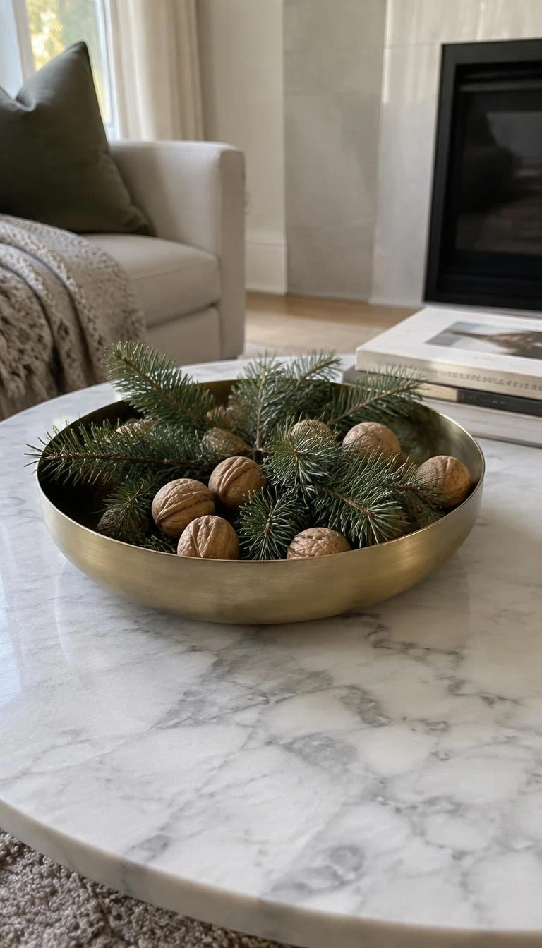 Set Low Pine Centerpieces in Brushed Brass Bowls A candid, realistic iPhone photograph of a round marble coffee table, a shallow brushed brass bowl filled with short white pine cuttings and loose walnuts, soft natural morning window light