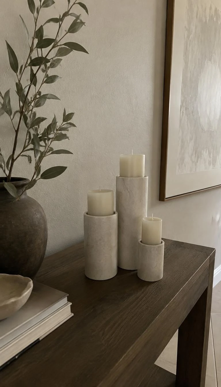 Cluster Alabaster and Marble Pedestals on the Console A candid, realistic iPhone photograph of an entryway console table, displaying three pale honed marble pedestals of different heights holding unlit ivory votive candles near a textured wall.