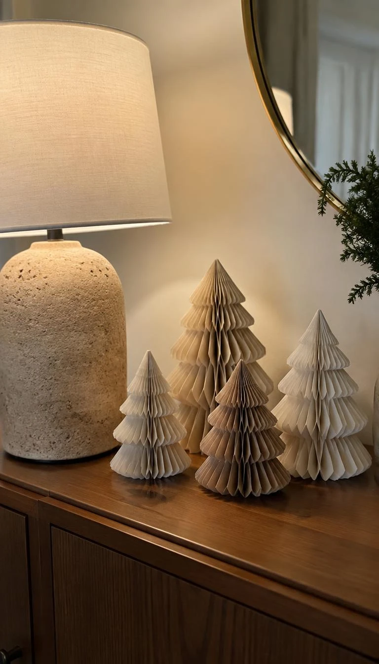 Group Matte Paper Honeycomb Trees on Sideboards A candid, realistic iPhone photograph of a dining room sideboard, featuring a cluster of five cream and taupe paper honeycomb miniature trees, sitting beside an unpolished travertine lamp under soft warm interior lighting.