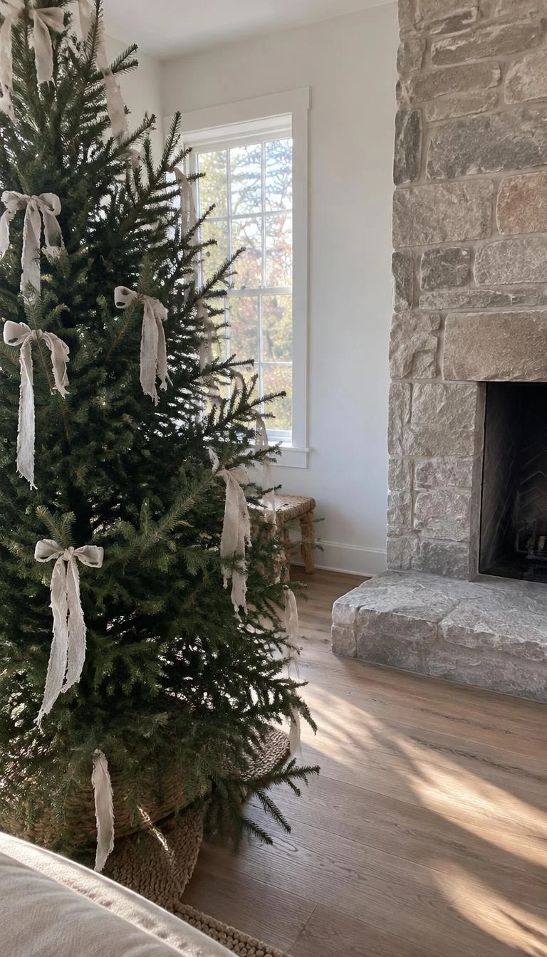 Hang Raw Linen Ribbons Instead of Velvet Bows A candid, realistic iPhone photograph of a bright living room, showing frayed raw oat linen ribbons tied loosely onto fragrant fir tree branches, soft morning daylight washing over natural wood floors, resting next to an unadorned stone fireplace.