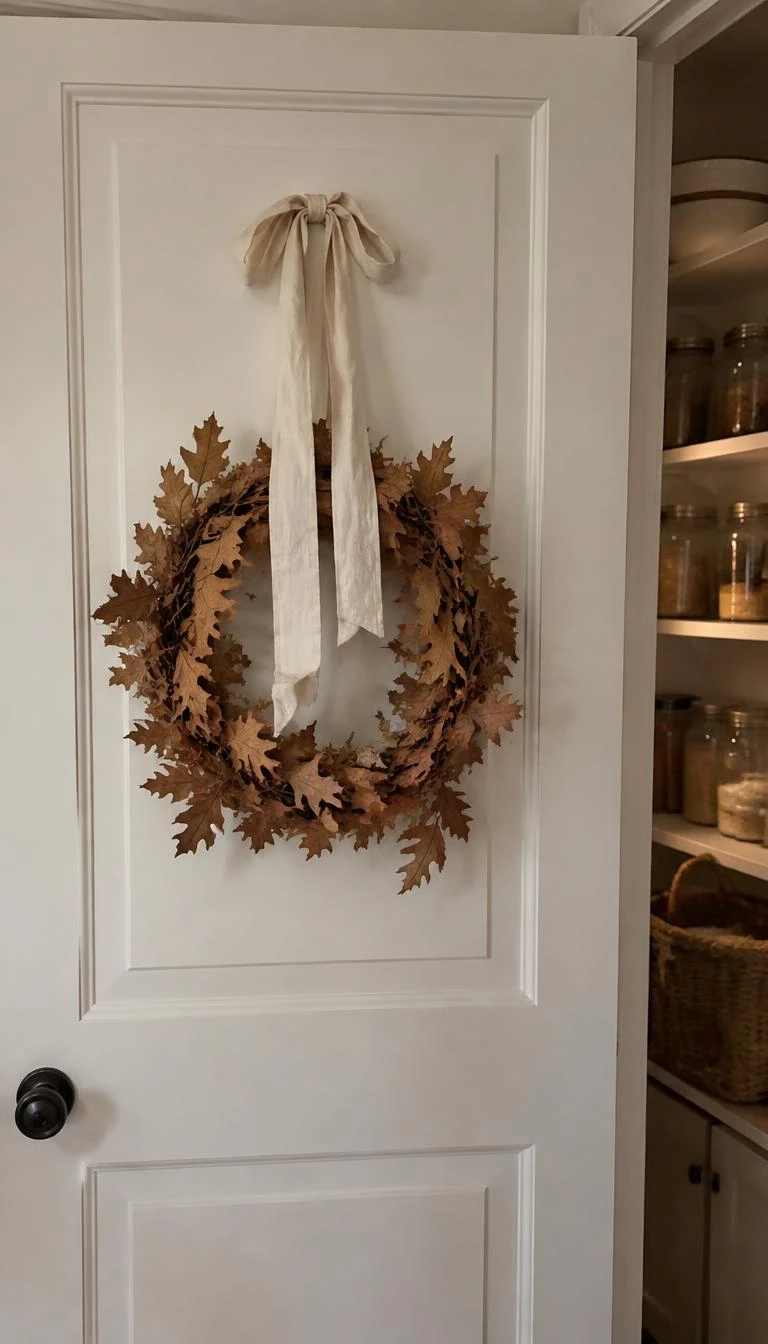 Hang Foraged Oak Leaf Wreaths with Undyed Silk A candid, realistic iPhone photograph of an interior pantry door, hanging a delicate wreath made of dried copper brown oak leaves tied with a flowing raw silk ribbon.