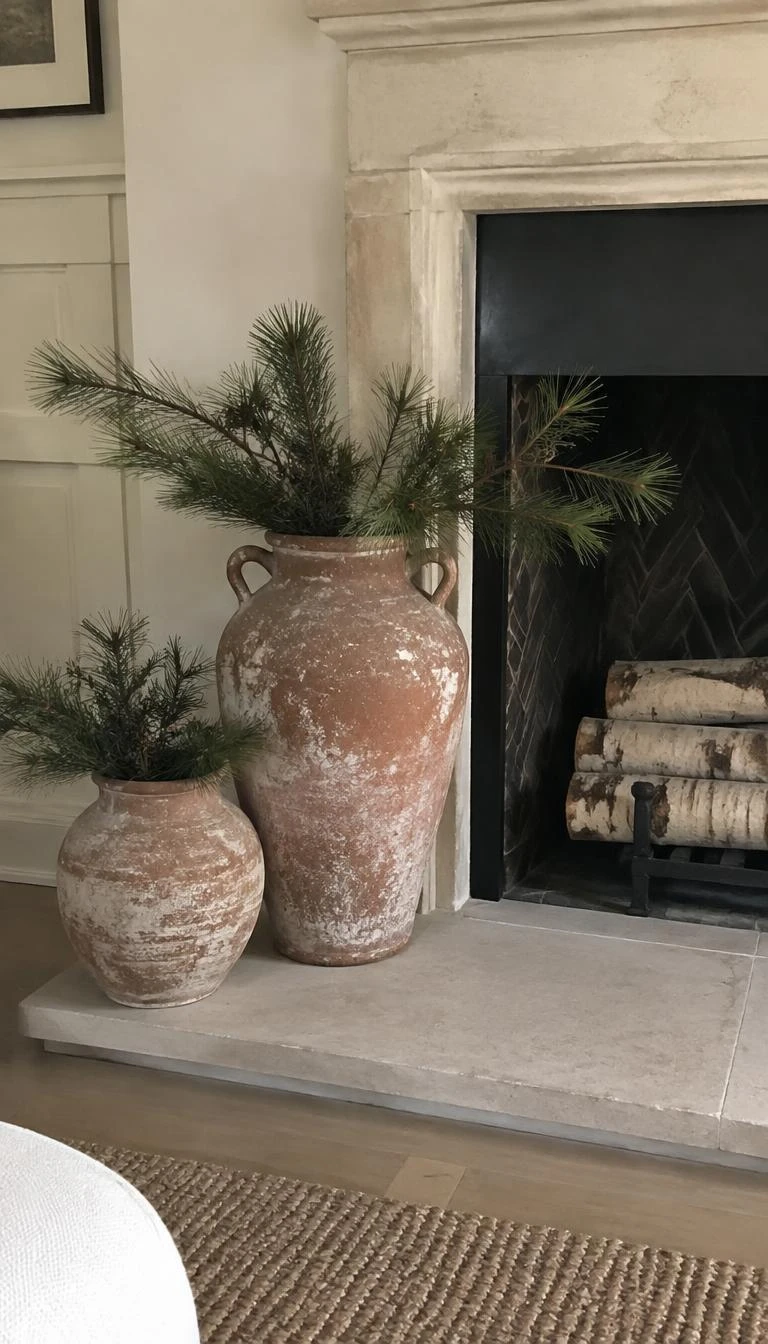 Place Weathered Terracotta Urns by the Hearth A candid, realistic iPhone photograph of a living room hearth, showing two aged terracotta vessels with white lime patina holding dried pine cuttings beside stacked birch firewood logs.