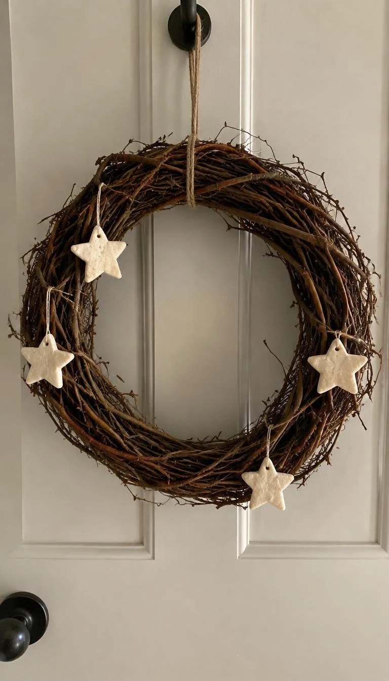 Display Salt Dough Stars on Woven Twig Wreaths A candid, realistic iPhone photograph of an interior kitchen door, hanging a natural brown grapevine wreath decorated with four pale baked salt dough stars on thin flax cord.