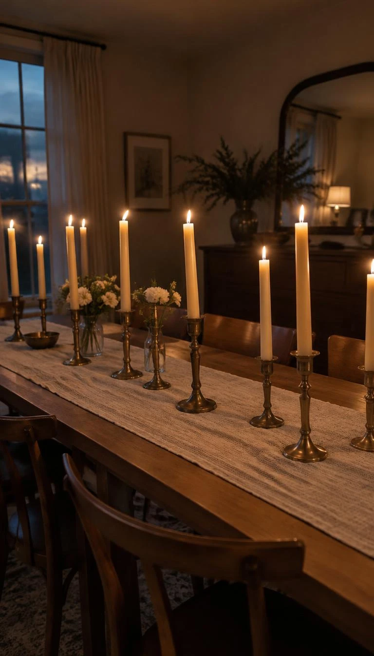 Arrange Unlacquered Brass Candlesticks Along the Dining Table A candid, realistic iPhone photograph of a long dining room table set with seven mismatched unlacquered brass taper holders, pale beeswax candles burning gently in a soft evening ambient glow.