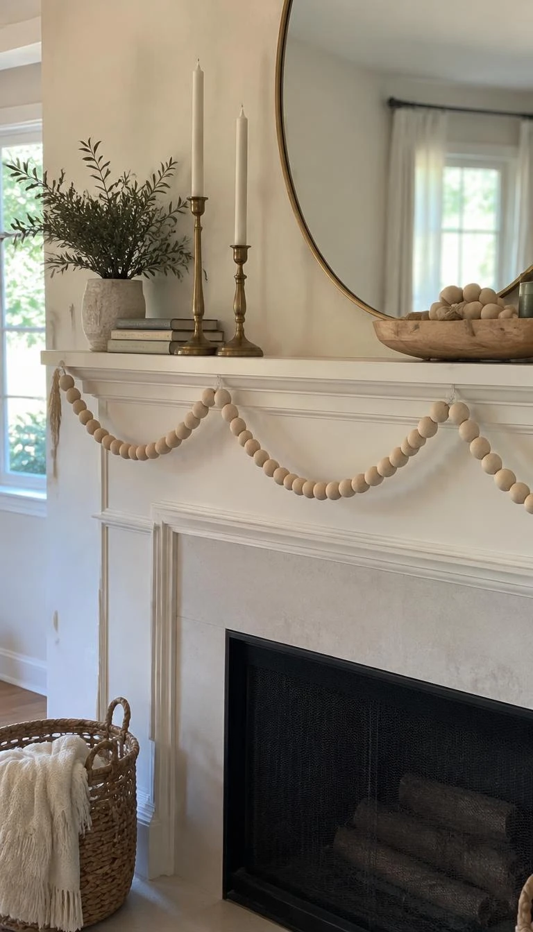 String Raw Wooden Beads Across Mantels A candid, realistic iPhone photograph of a bright living room mantel, draped with a simple garland of unfinished pale birch wood beads hanging in gentle scallops against cream plaster.