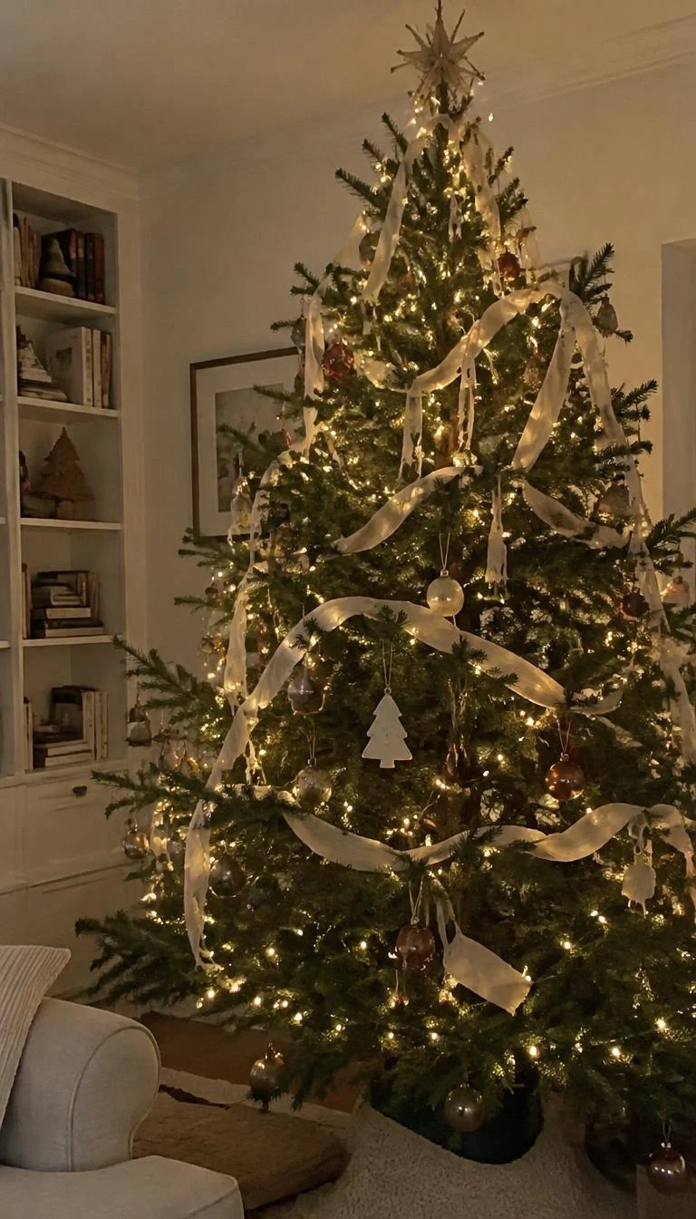 Thread Bleached Cotton Fabric onto Evergreen Branches A candid, realistic iPhone photograph of a Christmas tree in a living room, featuring thin strips of torn unbleached calico fabric woven loosely among dense green spruce needles.