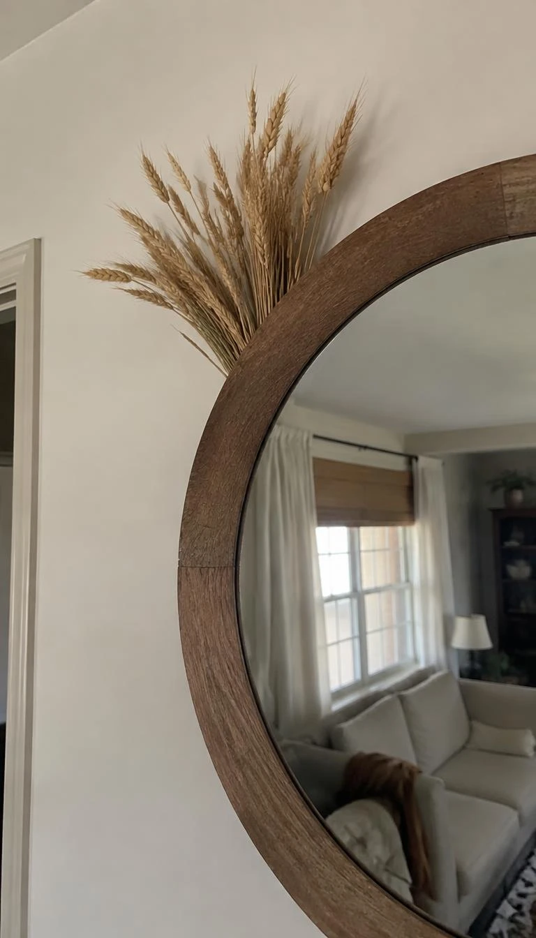Tuck Dried Wheat Stems Behind Wall Mirrors A candid, realistic iPhone photograph of a living room wall, showing golden beige dried wheat stems tucked casually behind the top rim of a large round wood framed mirror.