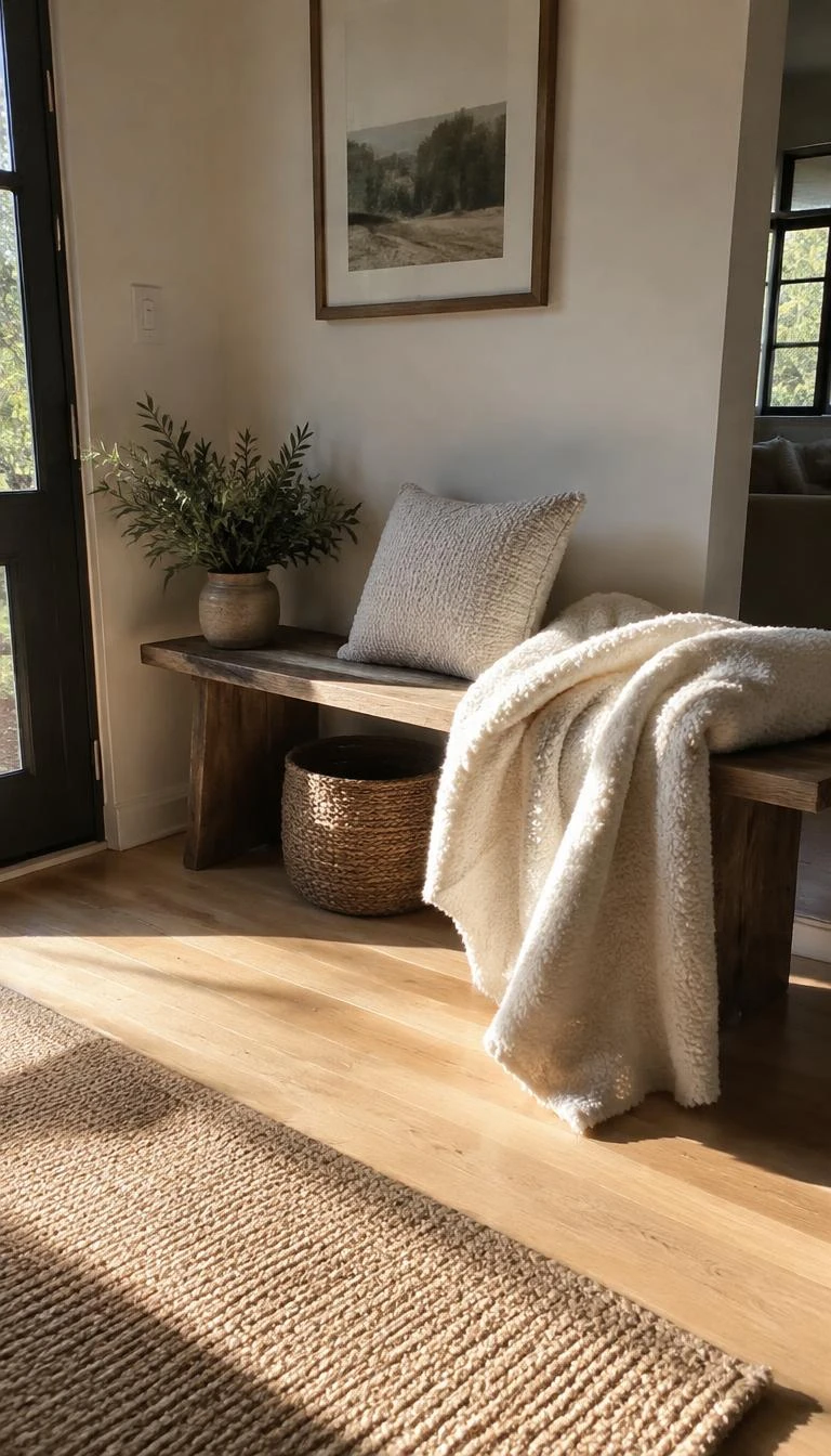 Layer Cream Wool Throws Across Wooden Benches A candid, realistic iPhone photograph of an entryway wooden bench, draped with a thick cream bouclƩ wool blanket and a small textured cushion, warm morning sunlight spilling across oak floorboards.