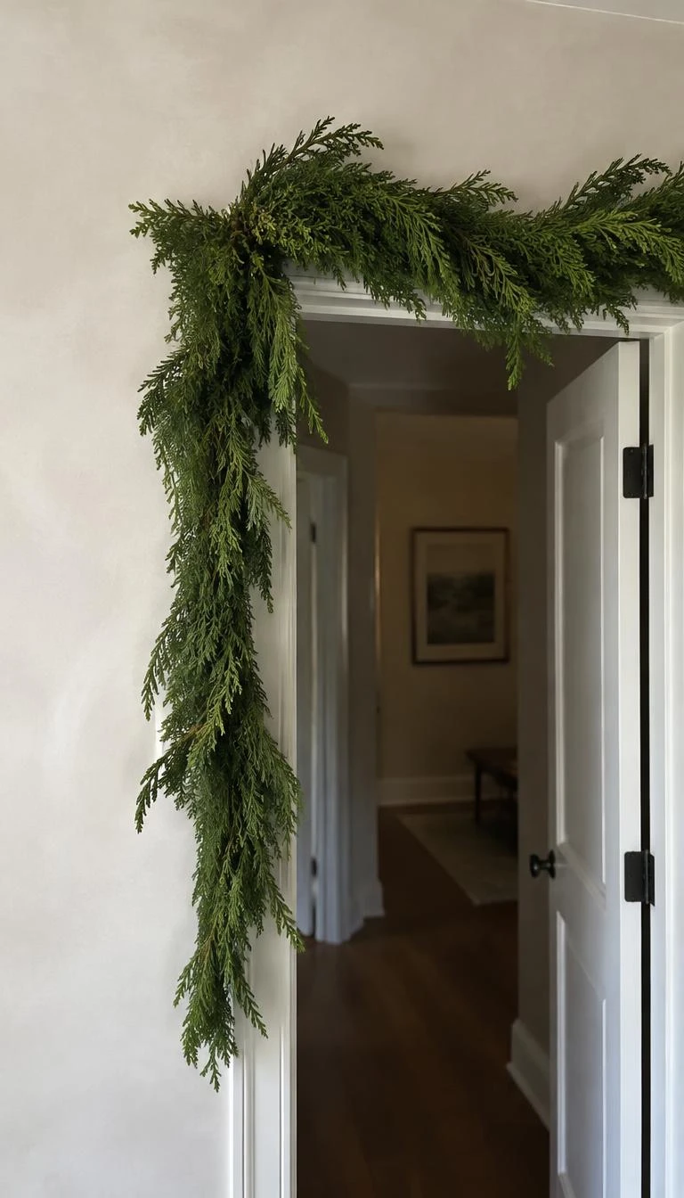 Drape Cedar Garlands Over Door Frames Without Lights A candid, realistic iPhone photograph of a hallway doorway, draped with an unlit fresh western red cedar garland cascading down one side, framed against off white lime washed walls.