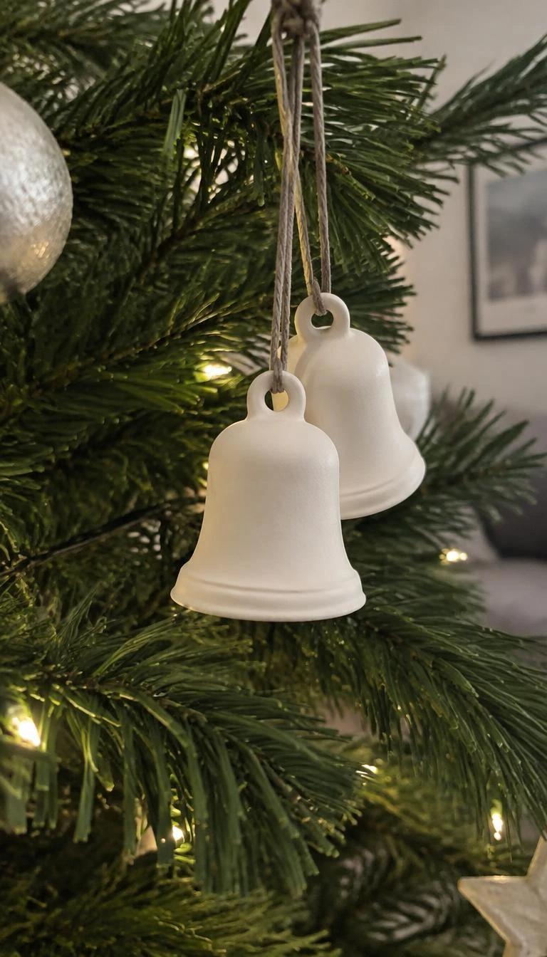 Use Matte White Ceramic Bells as Tree Accents A candid, realistic iPhone photograph of a Christmas tree branch in a living room, highlighting two unglazed white ceramic bells tied with taupe cord against fresh dark green fir needles.