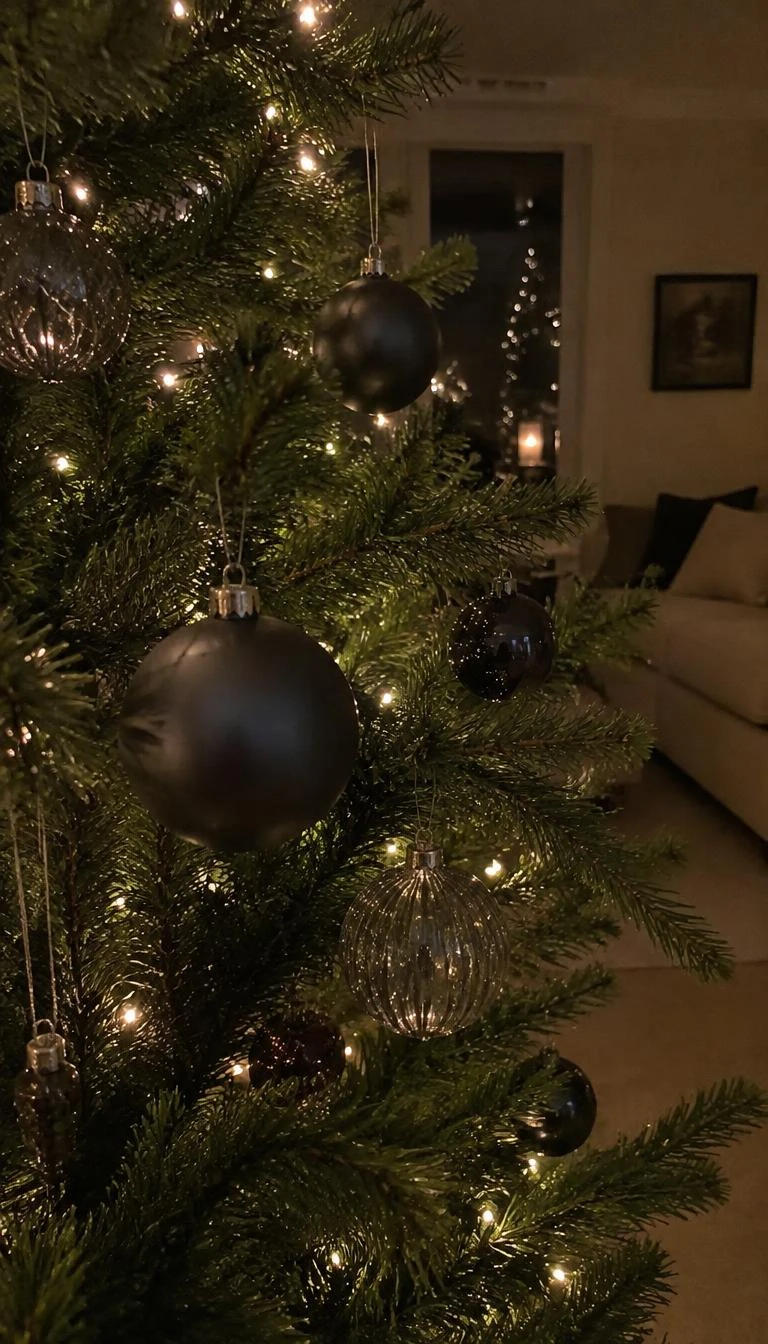 Scatter Matte Smoked Gray Baubles on Green Spruce A candid, realistic iPhone photograph of a Christmas tree in a dimly lit living room, showcasing matte charcoal and smoked gray glass baubles nestled between pine needles.