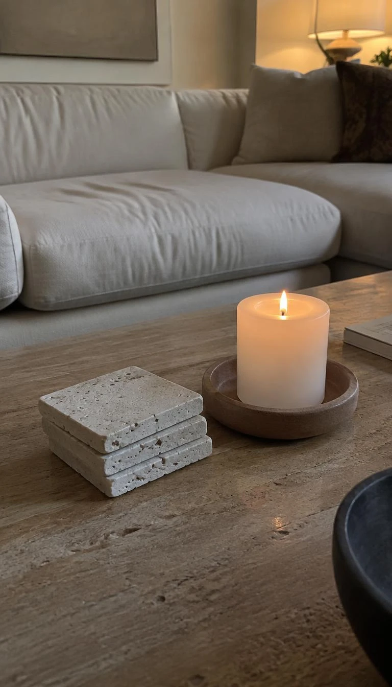 Stack Travertine and Sandstone Coasters on Low Tables A candid, realistic iPhone photograph of a low living room coffee table, showing a small stack of three unhoned travertine coasters next to a single white candle in a shallow clay dish.
