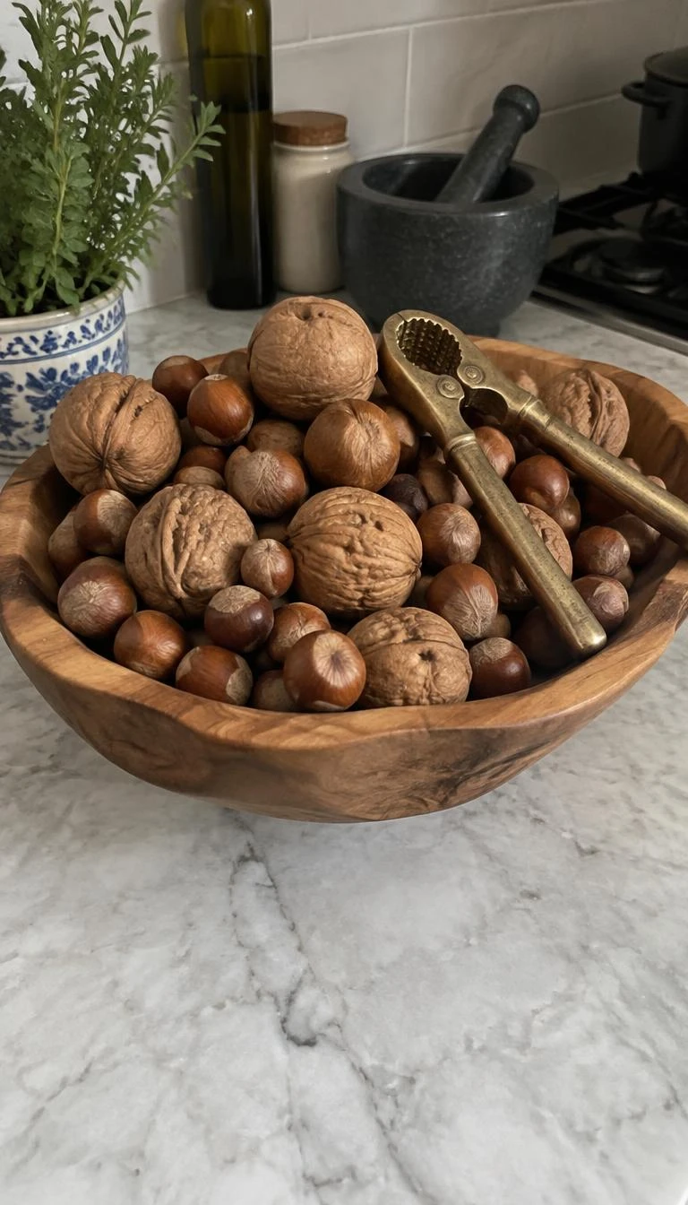 Fill Shallow Wood Bowls with Whole Walnuts and Hazelnuts A candid, realistic iPhone photograph of a kitchen counter, showing a hand carved shallow elm wood bowl piled high with whole walnuts, hazelnuts, and an old brass nutcracker.