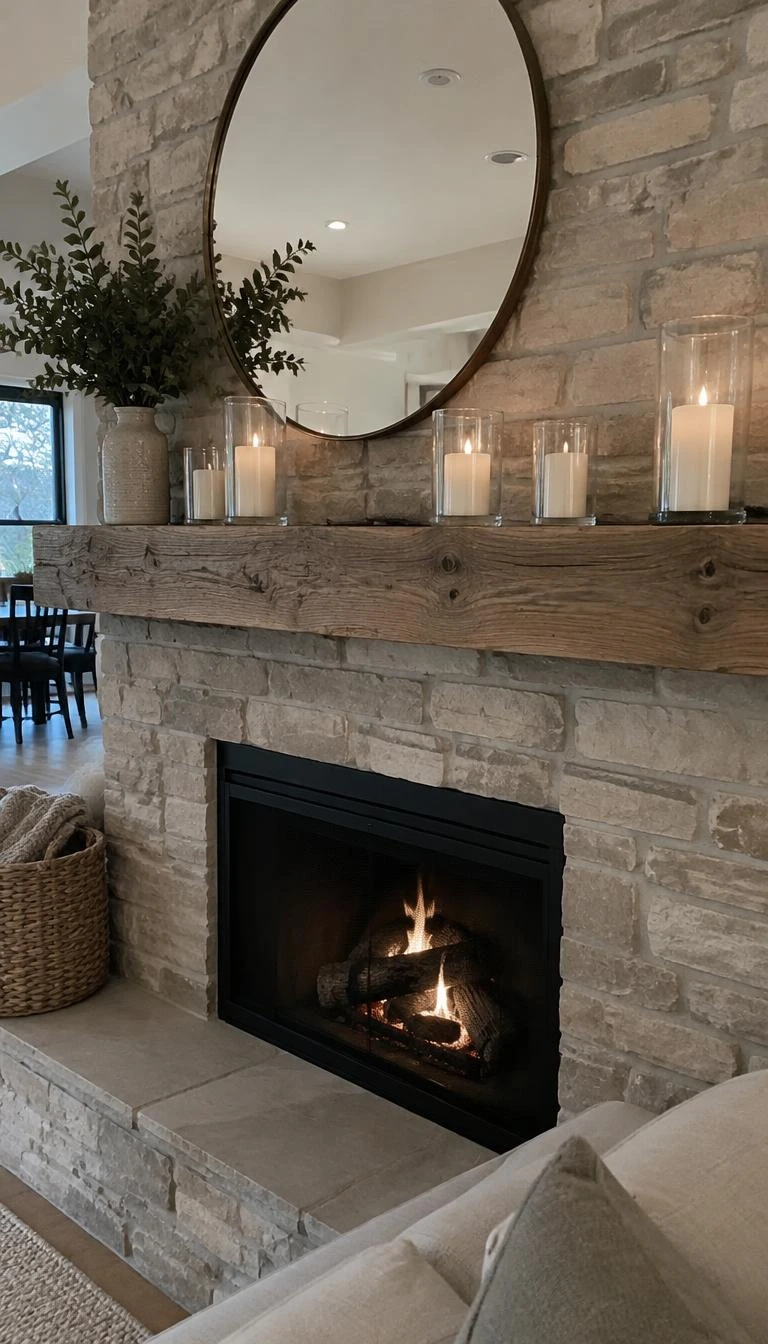 Mix Clear Glass Vessels with Pillar Tallow Candles A candid, realistic iPhone photograph of a living room fireplace mantle, styled with five clear recycled glass cylinders holding ivory pillar candles on an unpainted reclaimed wood shelf.