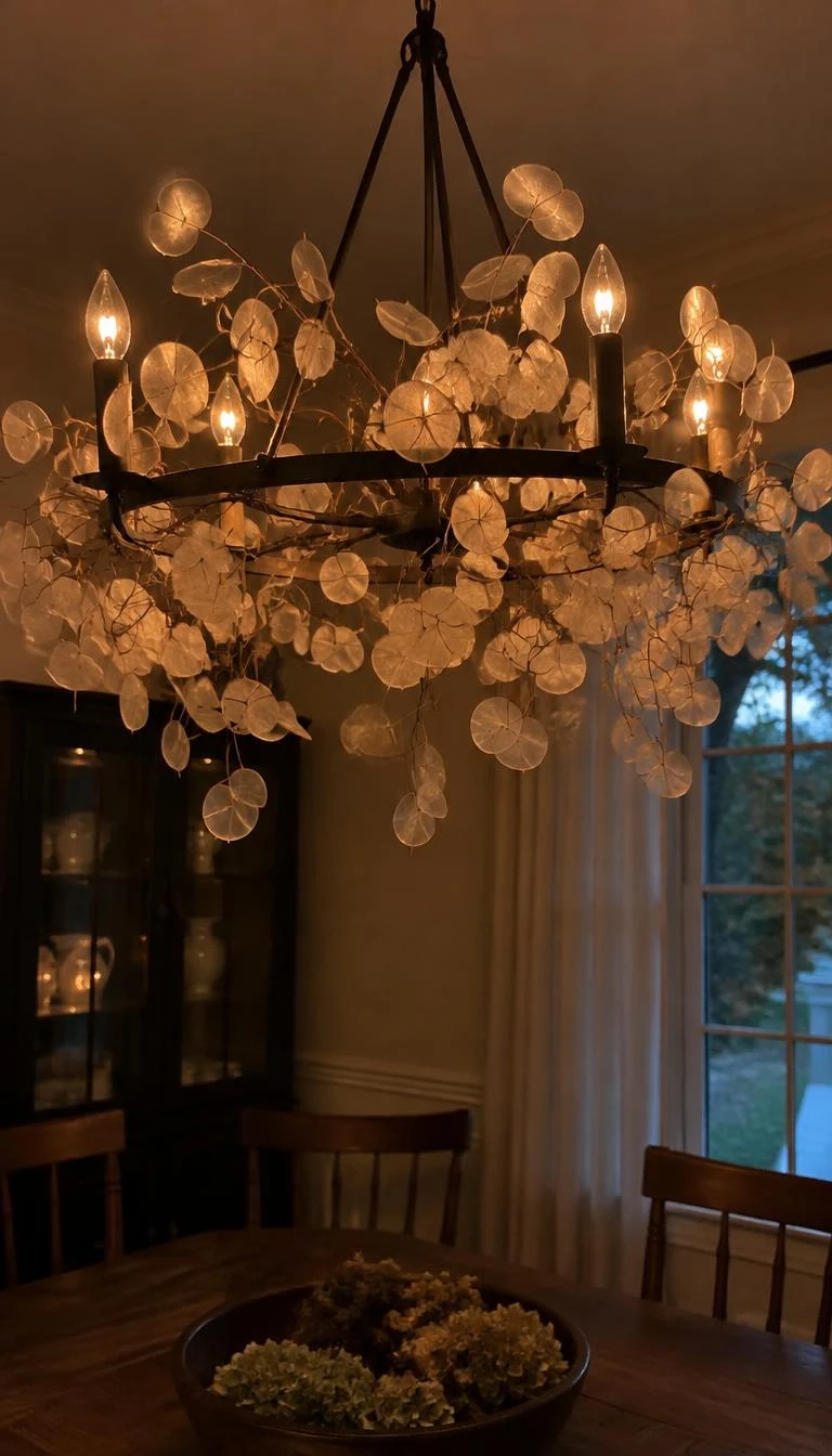 Suspend Dried Lunaria Stems from the Chandelier A candid, realistic iPhone photograph of a dining room chandelier, woven gently with translucent dried lunaria seed pods that shimmer softly beneath warm dim incandescent bulbs above a wooden table.