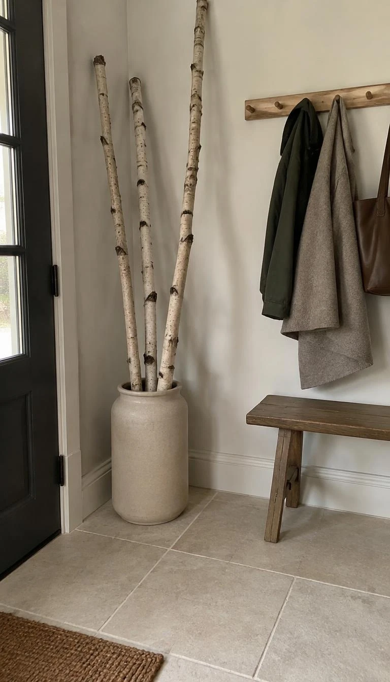 Fill Ceramic Crocks with Bare Birch Branches A candid, realistic iPhone photograph of an entryway corner, showing tall white birch branches standing inside a heavy sand colored stoneware crock, placed on pale limestone floor tiles near a coats peg rail.