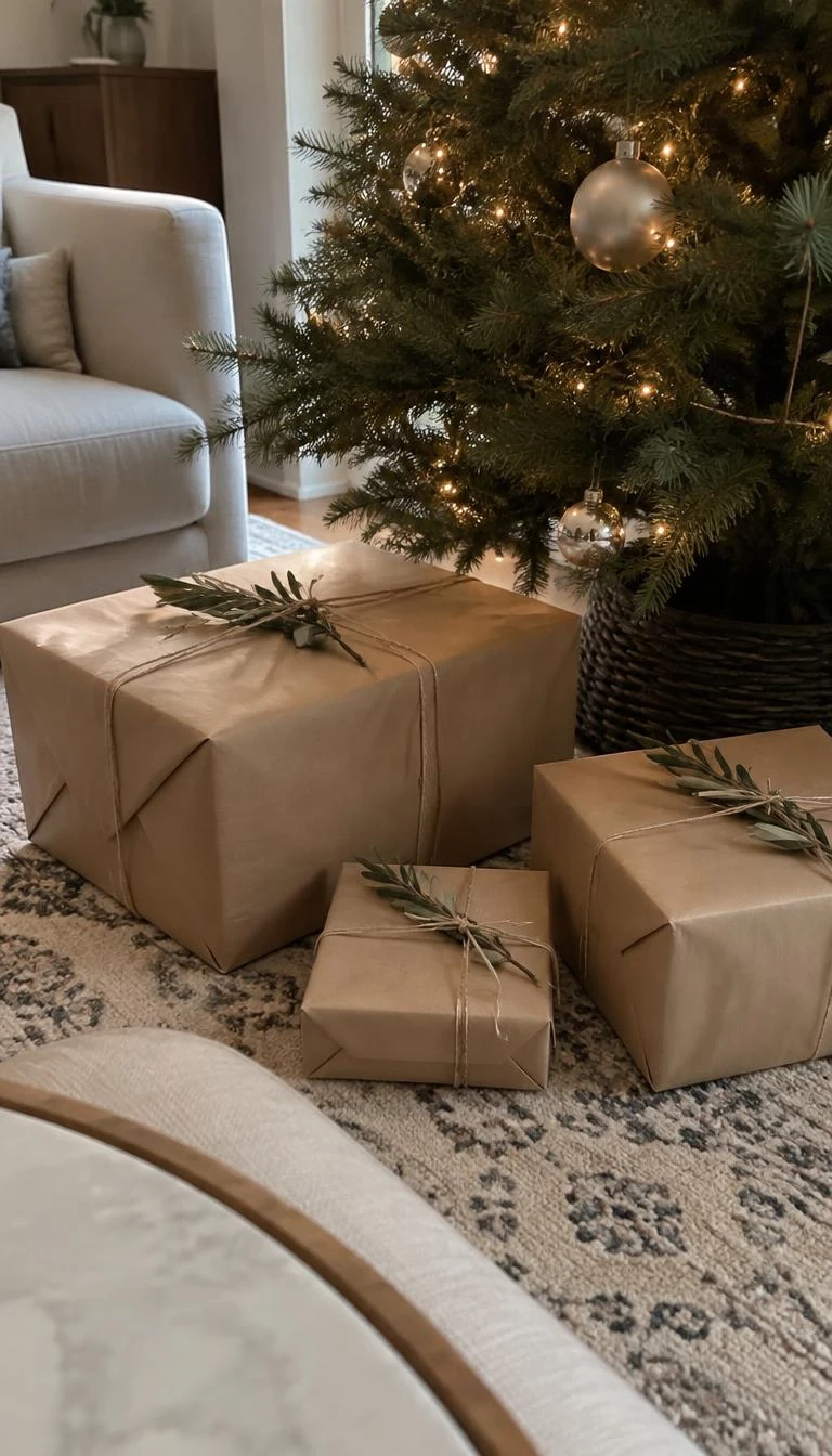 Wrap Gifts in Plain Kraft Paper and Jute Twine A candid, realistic iPhone photograph of a living room rug near a spruce tree, displaying gift boxes wrapped in smooth brown kraft paper tied with thin natural jute twine and tucked with olive leaves.