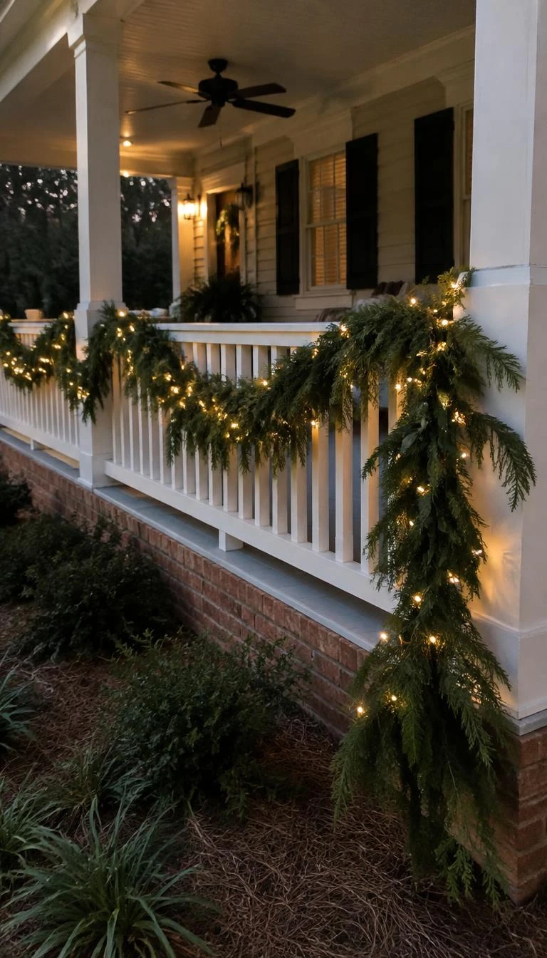 A candid, realistic iPhone photograph of a wide front porch with white railings, draped in thick asymmetrical evergreen boughs and warm mini string lights that sweep gracefully down toward one corner post.
