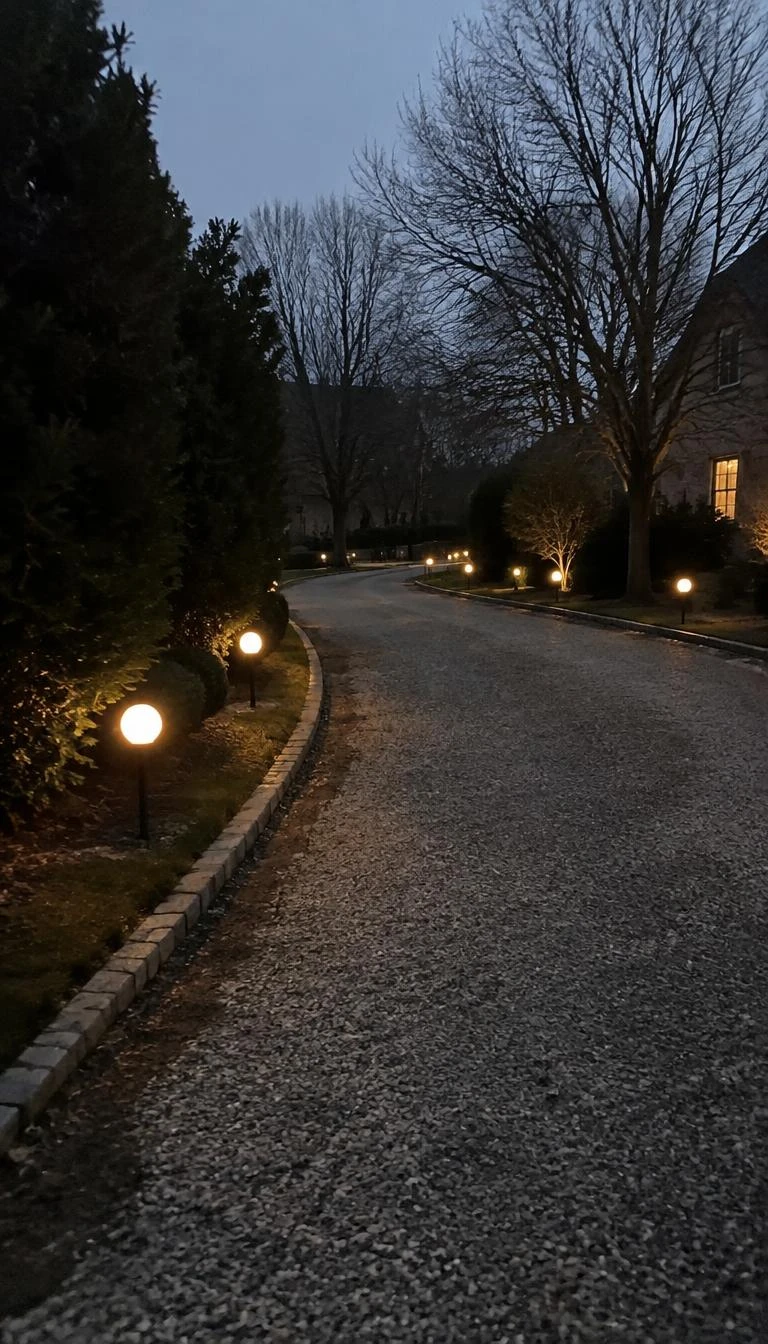 A candid, realistic iPhone photograph of a curved gravel driveway at dusk, lined with frosted white G40 globe light bulbs mounted on low black metal stakes, glowing softly against dark winter hedges.