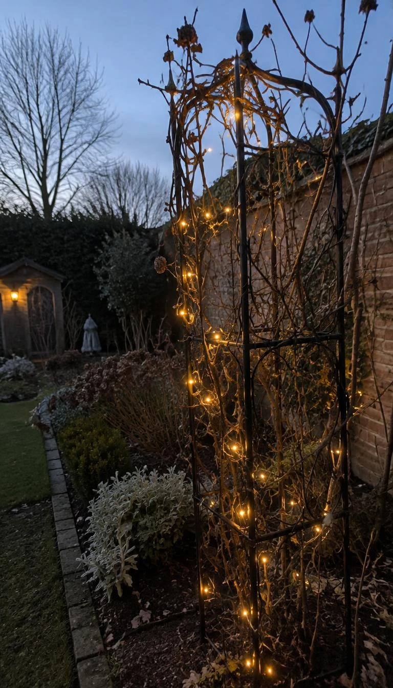 A candid, realistic iPhone photograph of a winter garden border at twilight, showing a black wrought iron garden trellis entwined with dormant climbing rose stems and wrapped tightly in delicate warm copper fairy wire lights.