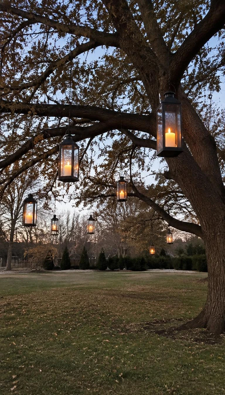 A candid, realistic iPhone photograph of a lawn under a large oak tree in winter, with black metal and glass lanterns hanging at varying heights from horizontal tree branches, each holding a glowing pillar candle.