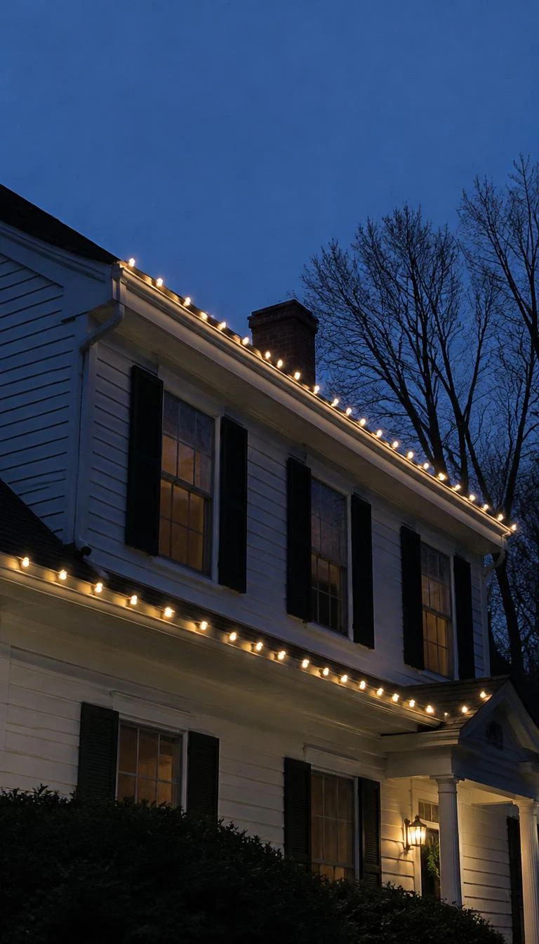 A candid, realistic iPhone photograph of a traditional two story colonial house roofline at blue hour, neatly outlined with opaque white ceramic C9 light bulbs clipped in straight horizontal rows along clean white gutters.