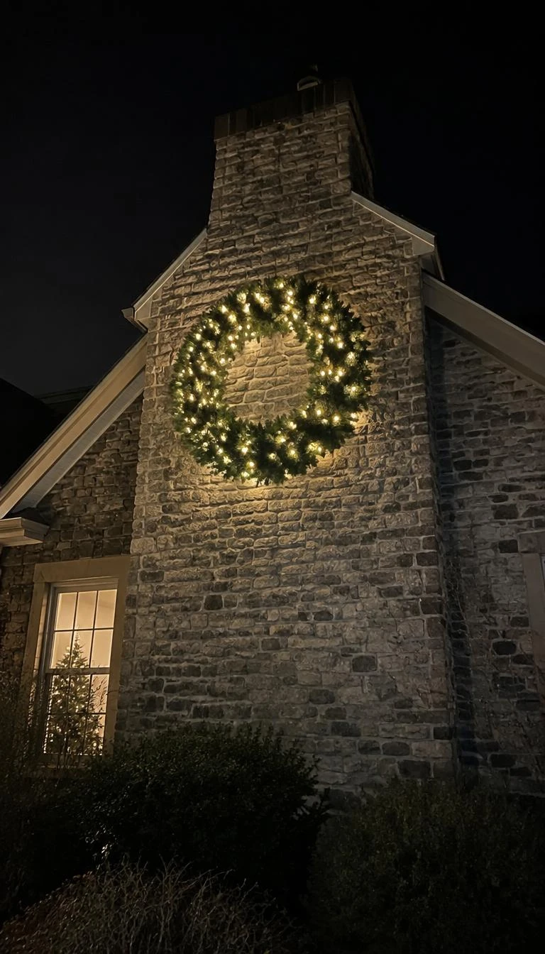A candid, realistic iPhone photograph of an exterior chimney and gable wall at night, featuring one large four foot balsam fir wreath lit with simple warm white lights, hung high on the stone masonry.