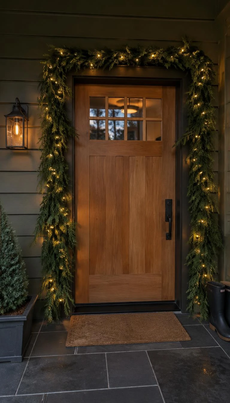 A candid, realistic iPhone photograph of a wood front door surrounded by thick fresh western red cedar garland, woven with tiny warm battery seed lights, set against dark olive painted siding with a slate porch floor.
