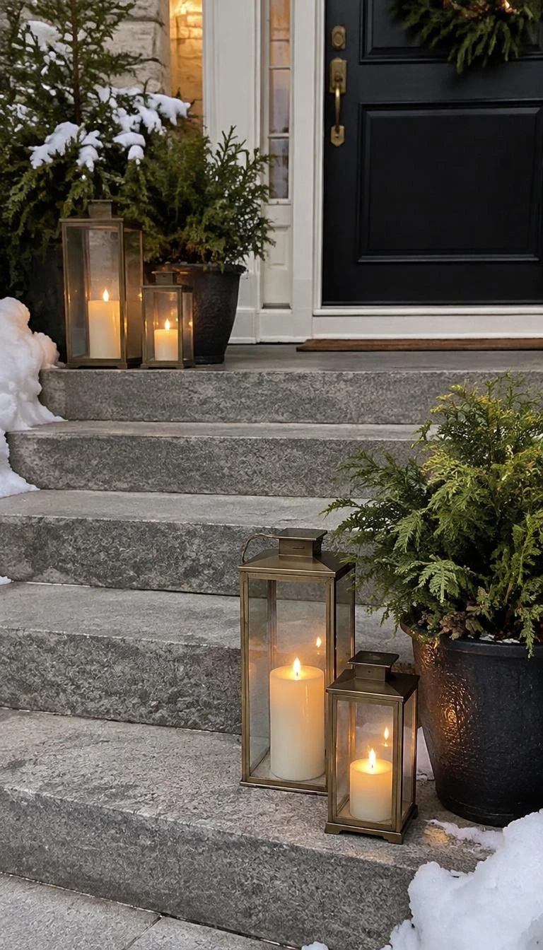 A candid, realistic iPhone photograph of front entrance stone steps in winter, with groupings of three varied height brass and glass hurricane lanterns holding warm LED pillar candles beside small potted cedar tops on the risers.