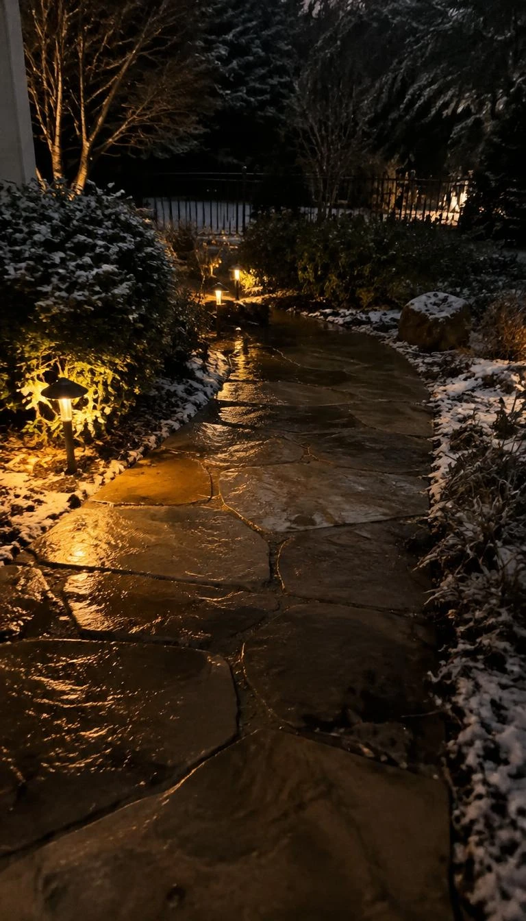 A candid, realistic iPhone photograph of a flagstone garden pathway in the evening, illuminated by low brass ground stakes casting warm amber pools of light onto wet stone pavers and light snowfall along the garden edging.