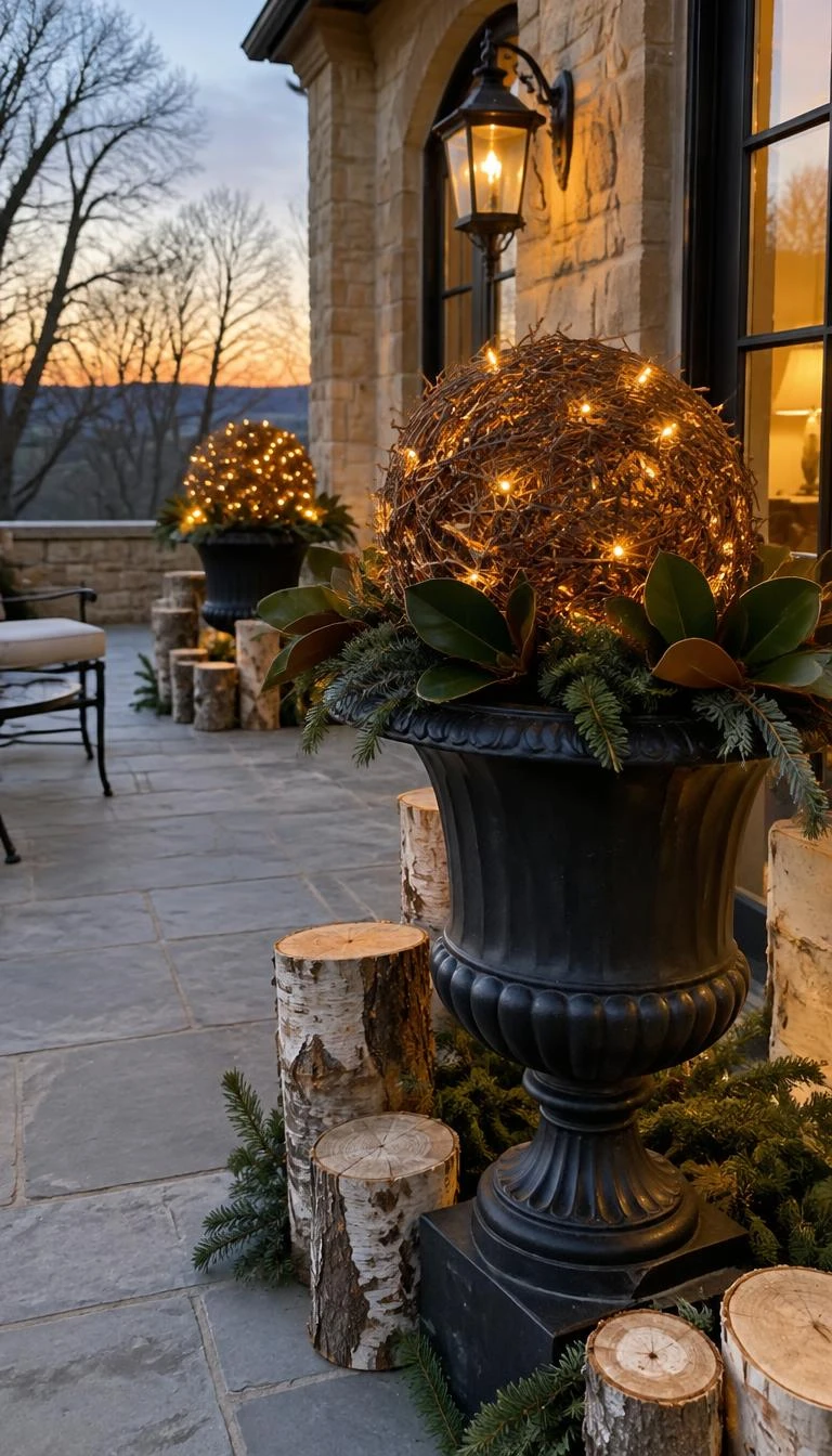 A candid, realistic iPhone photograph of a stone terrace at twilight, showing large black cast iron urns holding rustic brown grapevine spheres woven with warm golden fairy lights, surrounded by cut birch logs and magnolia leaves.