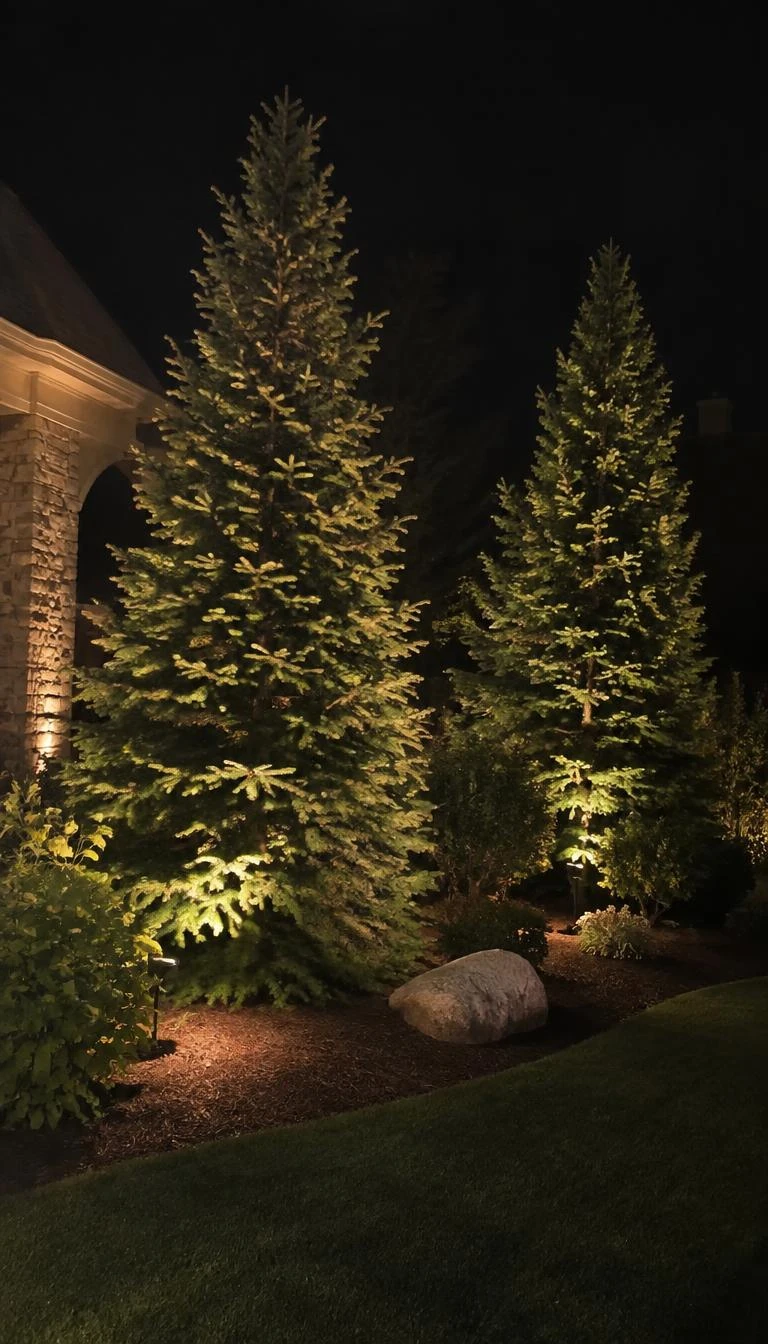 A candid, realistic iPhone photograph of a manicured front garden at night, showing two tall conical spruce trees bathed in soft warm ground uplighting from hidden brass garden spotlights nestled in pine needle mulch.