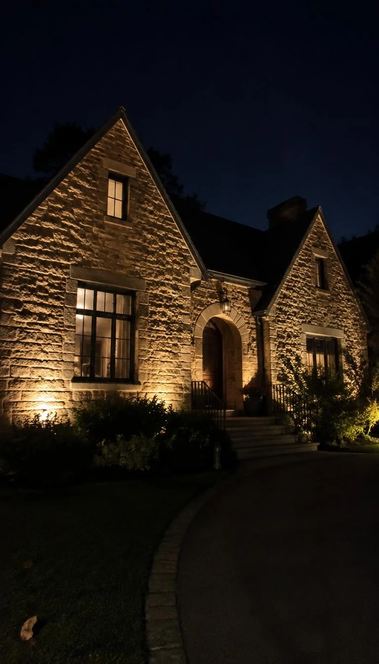 A candid, realistic iPhone photograph of an exterior stone cottage at night, softly illuminated by two ground level warm amber floodlights that bring out the natural texture of the fieldstone walls and roof peaks.