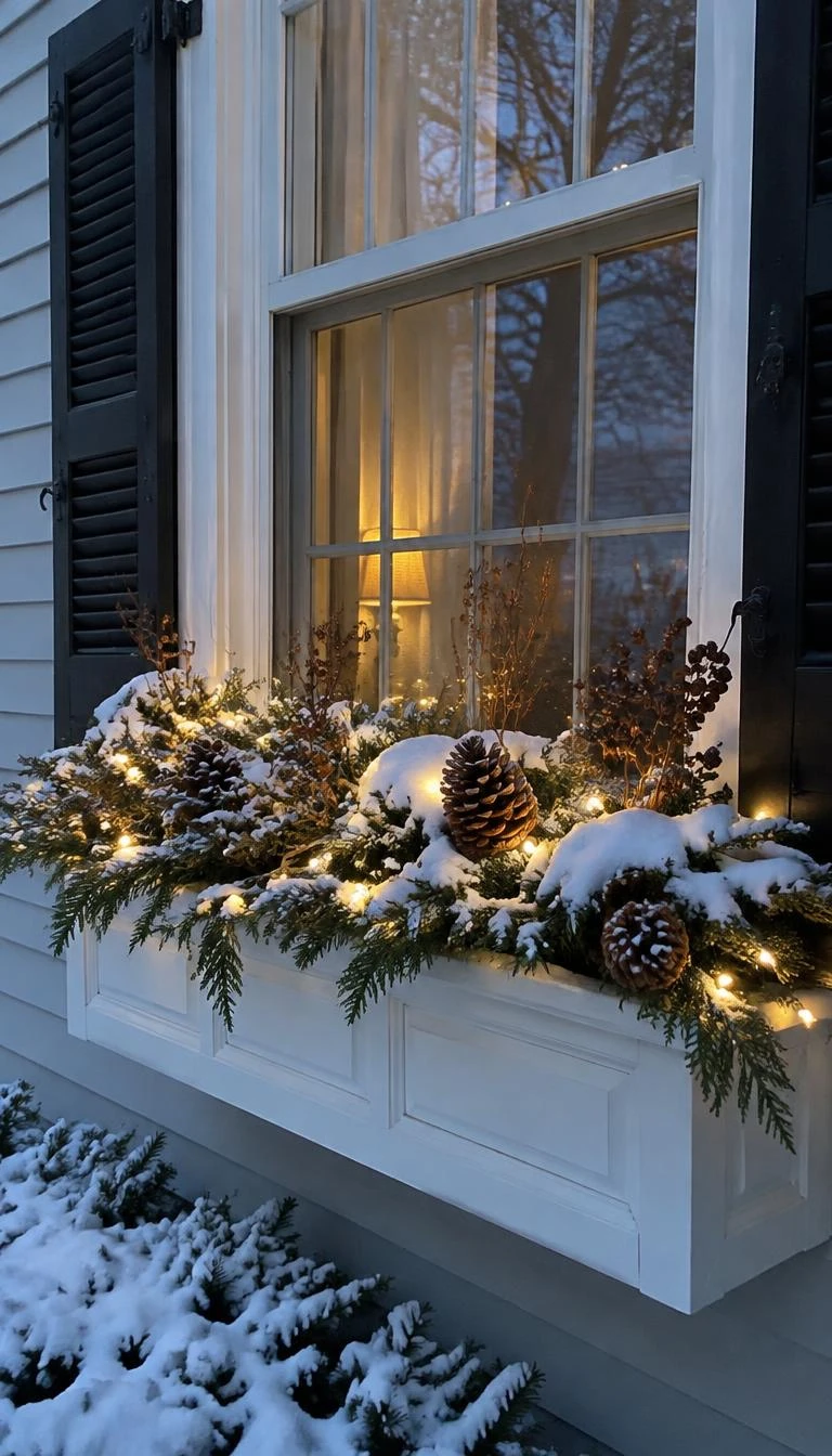 A candid, realistic iPhone photograph of a snowy second story window box planted with evergreen cuttings, pine cones, and dried berries, woven through with soft gold micro fairy lights glowing against painted wood trim.