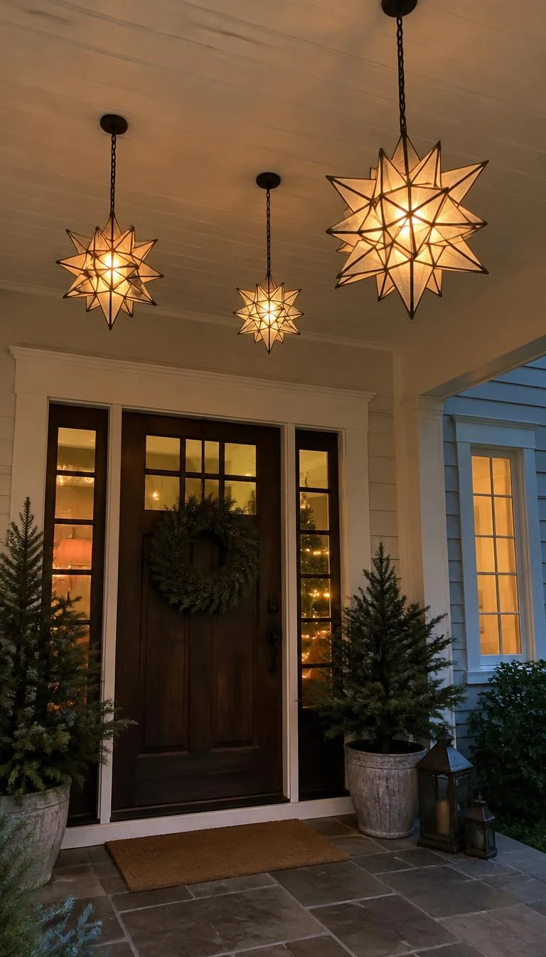 A candid, realistic iPhone photograph of a covered front porch ceiling at dusk, featuring three geometric paper and glass Moravian star lanterns hanging at varying heights above a dark wood front door flanked by potted pine trees.