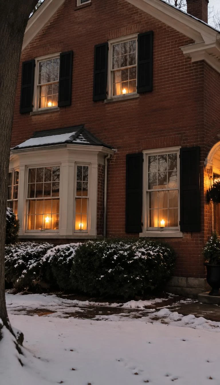 A candid, realistic iPhone photograph of a red brick home facade in winter, showing individual brass electric candle lamps glowing in every front facing window sill, casting warm light through divided glass panes.