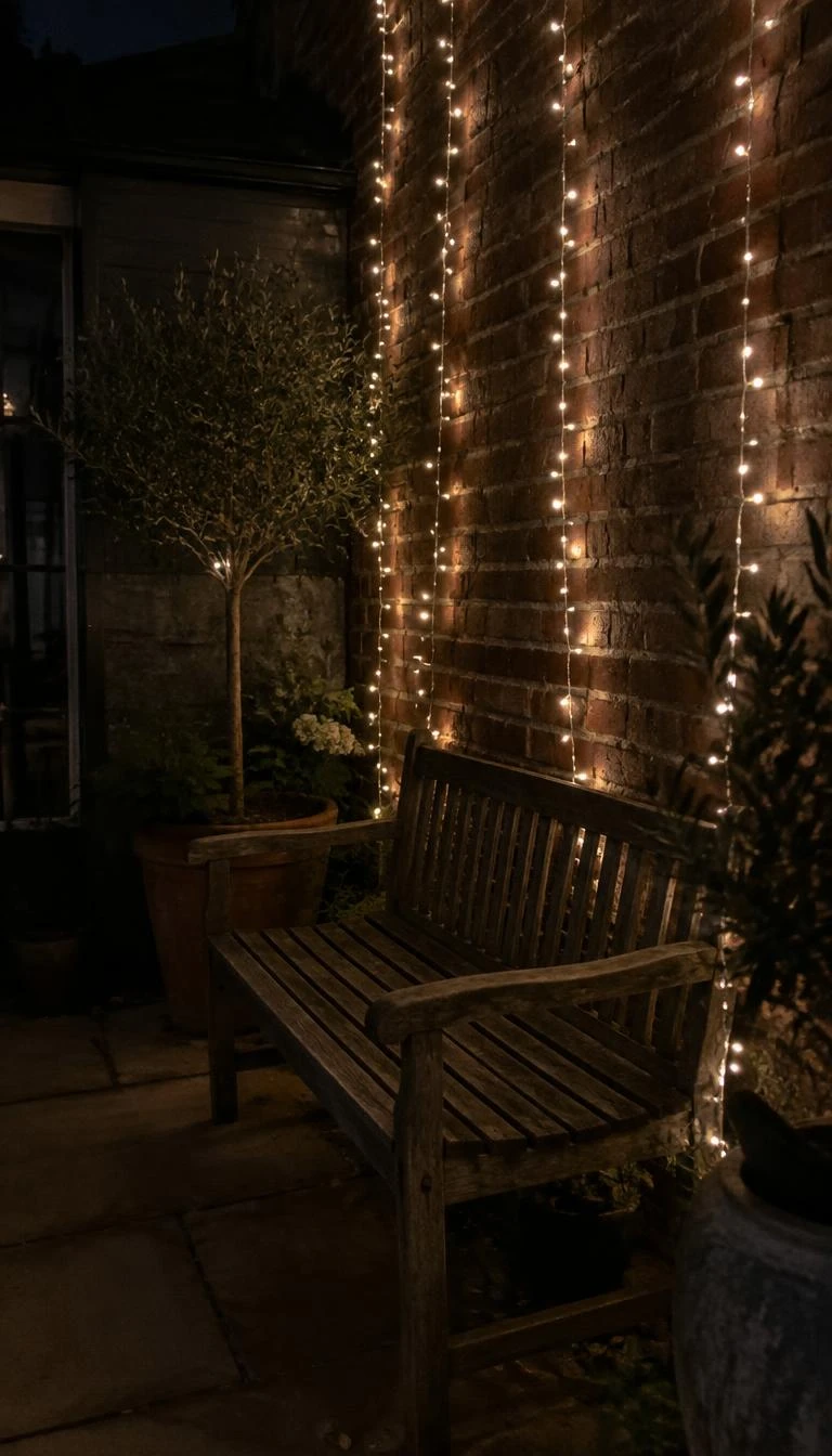 A candid, realistic iPhone photograph of a dark outdoor patio corner, showing a vertical curtain of warm white micro fairy lights falling smoothly down an aged red brick masonry wall, illuminating a weathered teak bench.