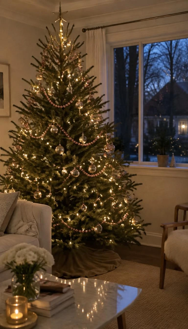 A candid, realistic iPhone photograph of a living room with a Christmas tree trimmed with delicate strands of shell pink glass bead garland, warm gold baubles, resting beside a quiet window at dusk.
