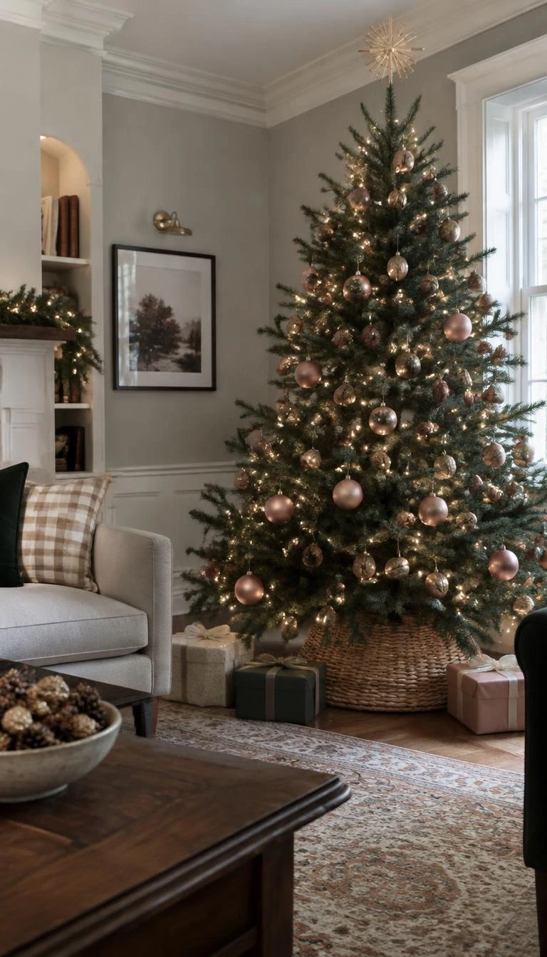 A candid, realistic iPhone photograph of a living room with a Christmas tree trimmed with hand gilded natural walnut shells, delicate carnation pink baubles, nestled among dark balsam fir needles, peaceful home setting.
