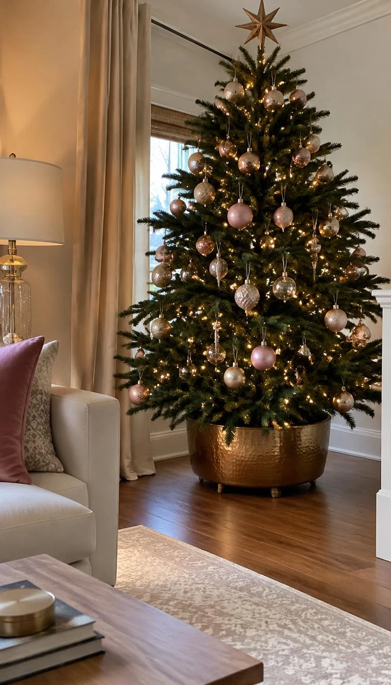 A candid, realistic iPhone photograph of a living room with a Christmas tree secured inside a wide hammered brass footed planter, replacing a skirt, soft blush ornaments visible above, hardwood floor setting.