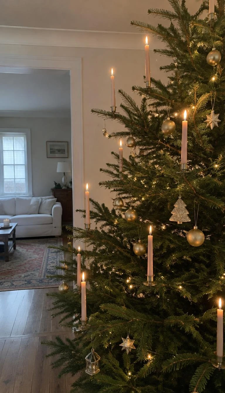 A candid, realistic iPhone photograph of a living room with a Christmas tree featuring pale blush hand dipped taper candles in vintage brass clips, scattered on green branches beside small golden baubles, daytime room light.